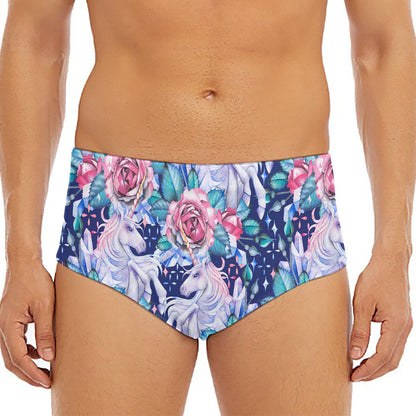 Blue Fairy Rose Unicorn Pattern Print Men's Triangle Swim Briefs