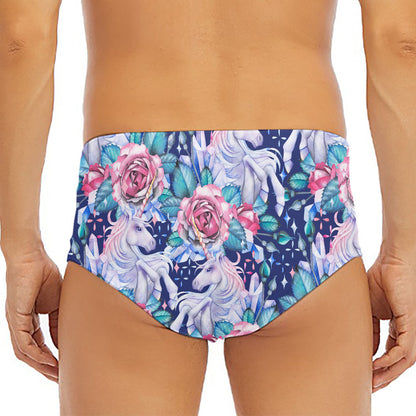 Blue Fairy Rose Unicorn Pattern Print Men's Triangle Swim Briefs