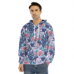 Blue Fairy Rose Unicorn Pattern Print Men's Velvet Pullover Hoodie