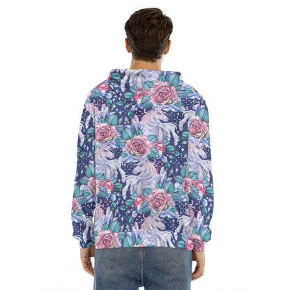 Blue Fairy Rose Unicorn Pattern Print Men's Velvet Pullover Hoodie