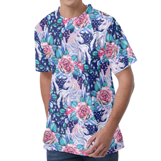 Blue Fairy Rose Unicorn Pattern Print Men's Velvet T-Shirt