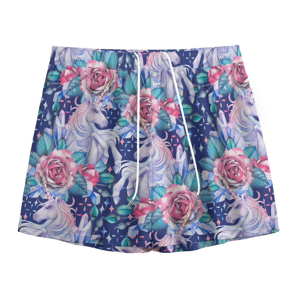 Blue Fairy Rose Unicorn Pattern Print Mesh Shorts