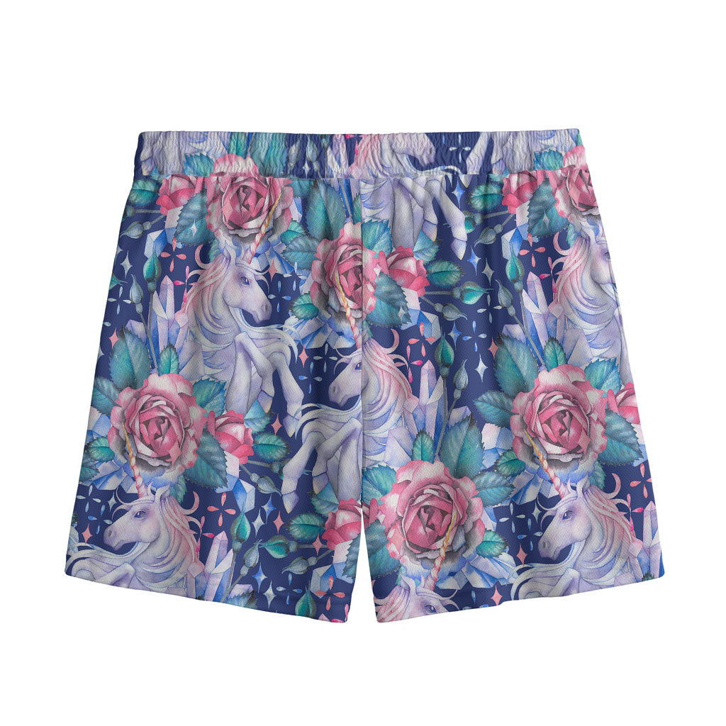 Blue Fairy Rose Unicorn Pattern Print Mesh Shorts