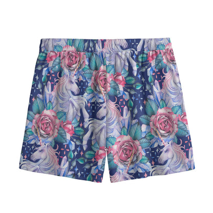 Blue Fairy Rose Unicorn Pattern Print Mesh Shorts