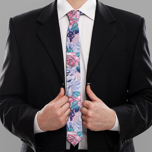 Blue Fairy Rose Unicorn Pattern Print Necktie