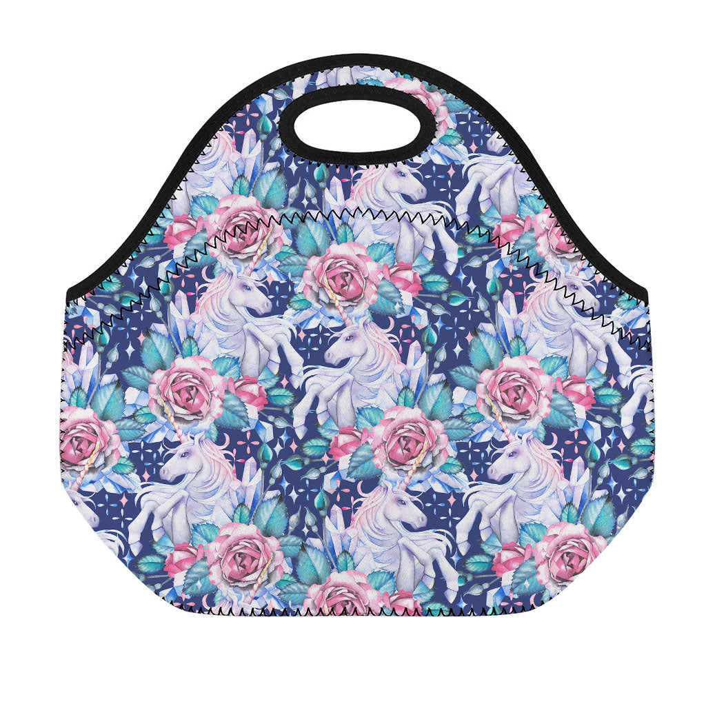 Blue Fairy Rose Unicorn Pattern Print Neoprene Lunch Bag