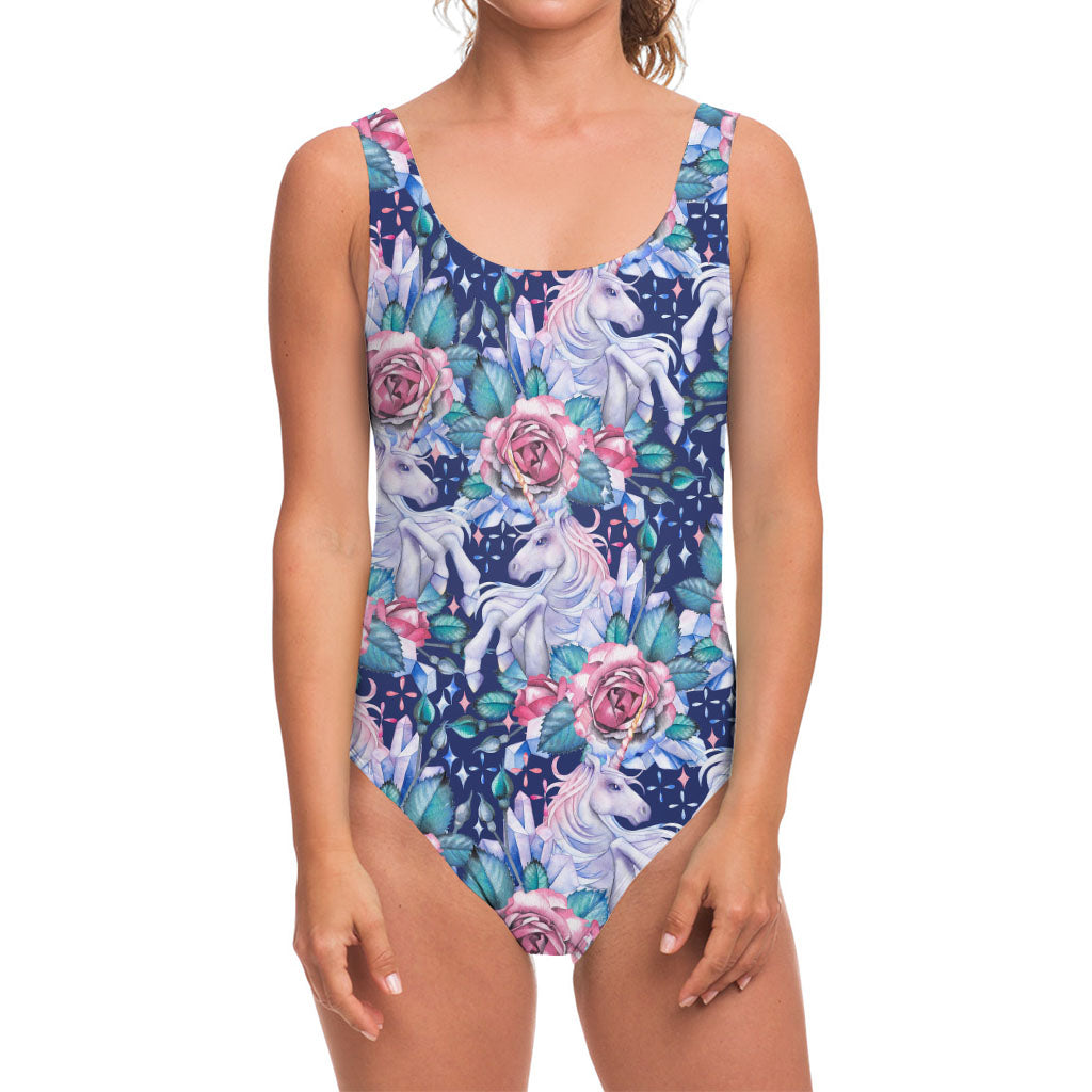 Blue Fairy Rose Unicorn Pattern Print One Piece Swimsuit