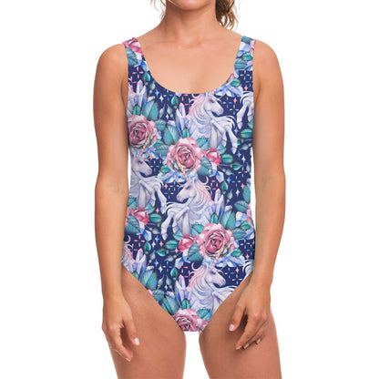 Blue Fairy Rose Unicorn Pattern Print One Piece Swimsuit
