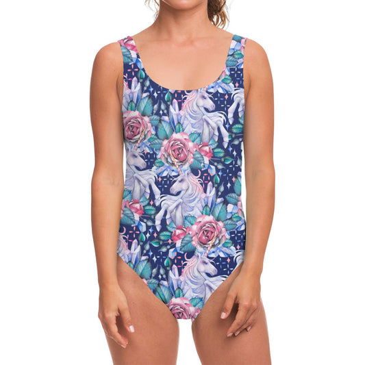 Blue Fairy Rose Unicorn Pattern Print One Piece Swimsuit