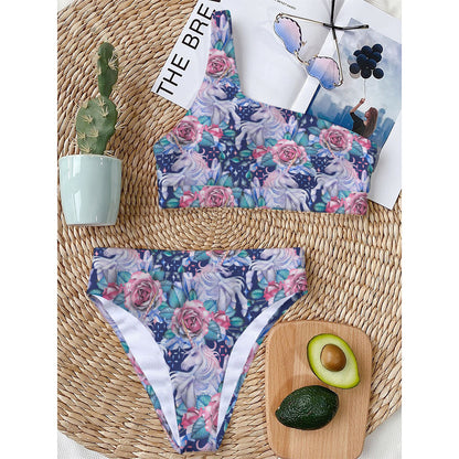 Blue Fairy Rose Unicorn Pattern Print One Shoulder Bikini Top