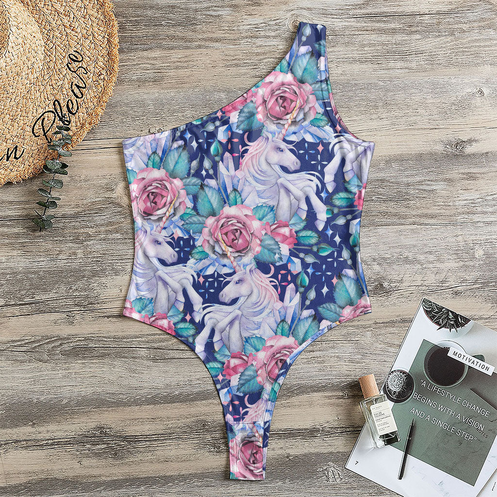 Blue Fairy Rose Unicorn Pattern Print One Shoulder Bodysuit