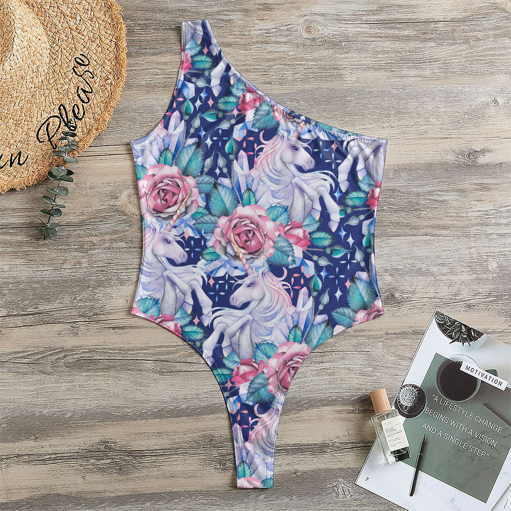 Blue Fairy Rose Unicorn Pattern Print One Shoulder Bodysuit