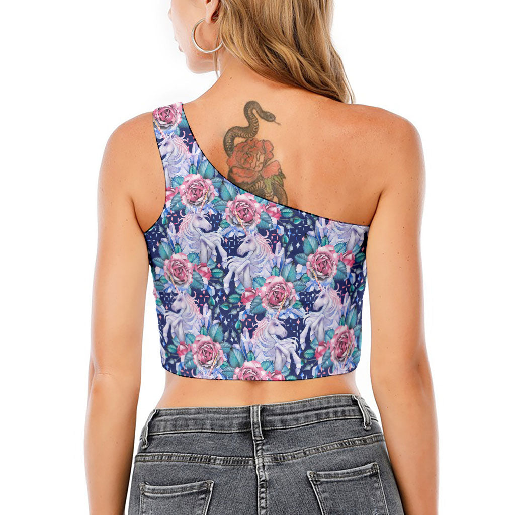 Blue Fairy Rose Unicorn Pattern Print One Shoulder Crop Top