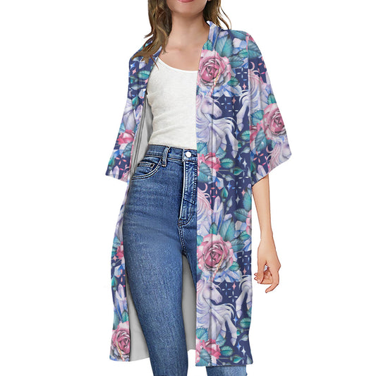 Blue Fairy Rose Unicorn Pattern Print Open Front Beach Cover Up
