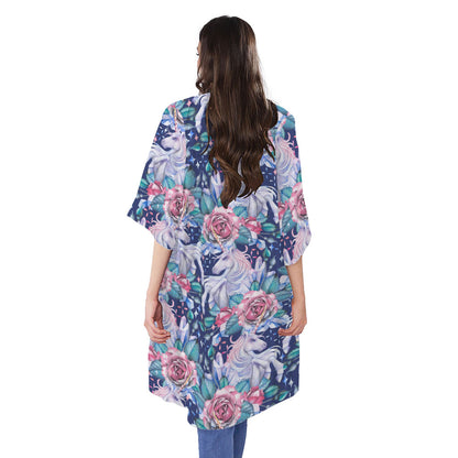 Blue Fairy Rose Unicorn Pattern Print Open Front Beach Cover Up
