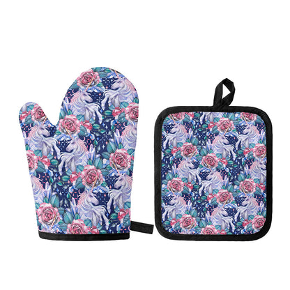 Blue Fairy Rose Unicorn Pattern Print Oven Mitt And Pot Holder Set