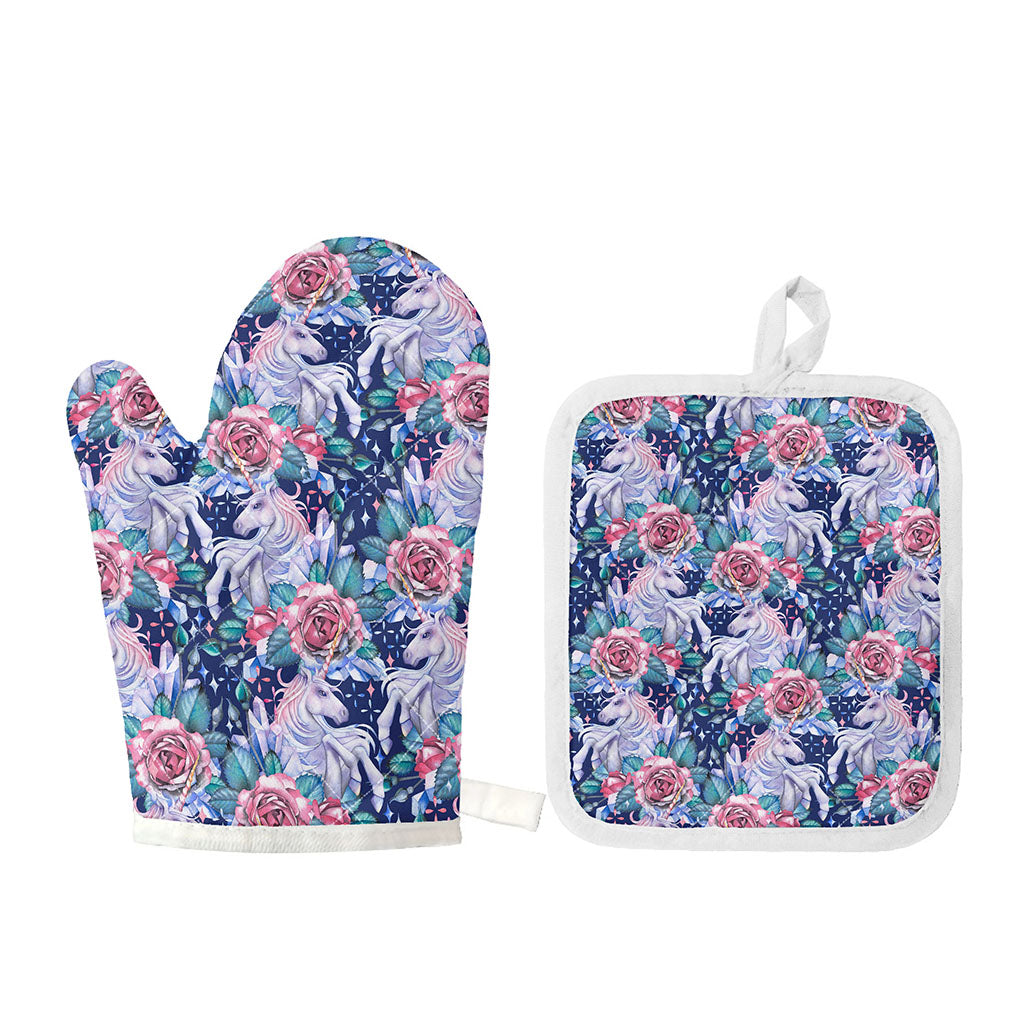 Blue Fairy Rose Unicorn Pattern Print Oven Mitt And Pot Holder Set