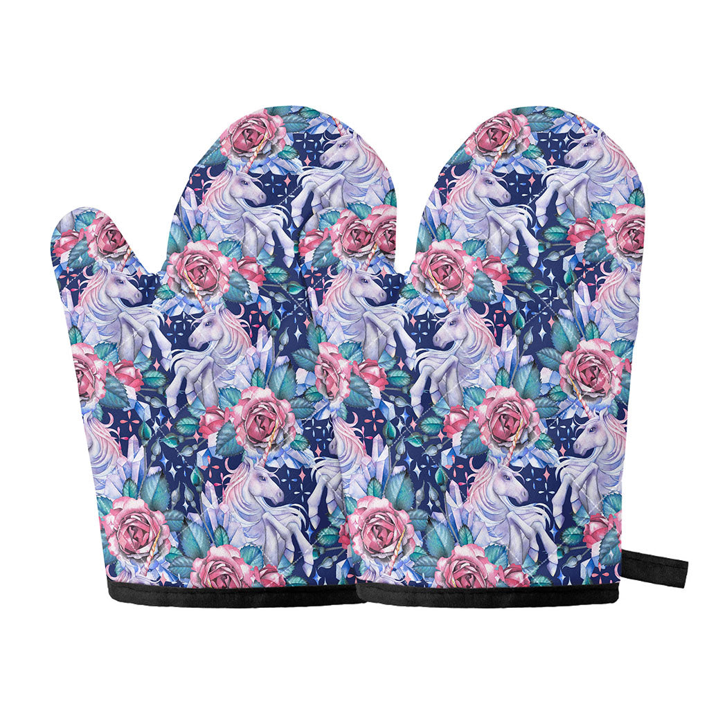 Blue Fairy Rose Unicorn Pattern Print Oven Mitts