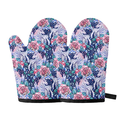 Blue Fairy Rose Unicorn Pattern Print Oven Mitts