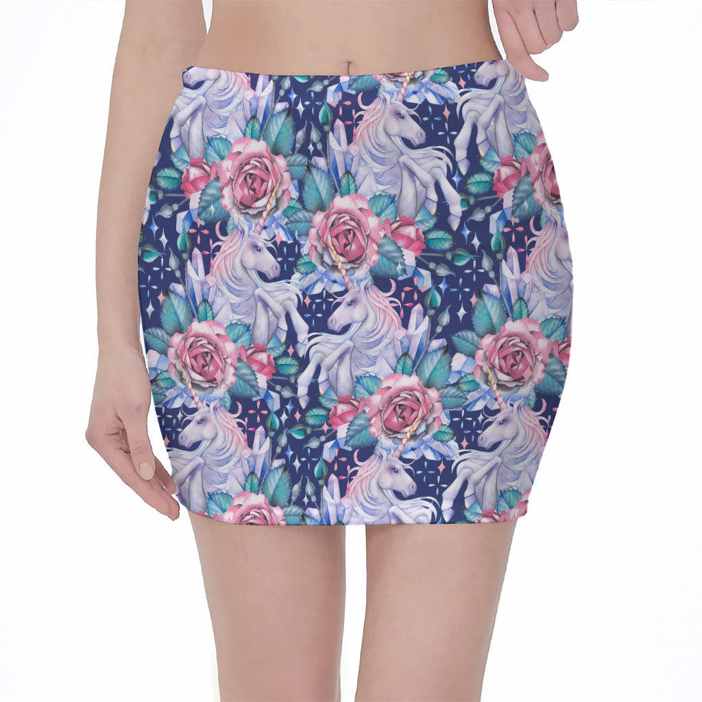 Blue Fairy Rose Unicorn Pattern Print Pencil Mini Skirt