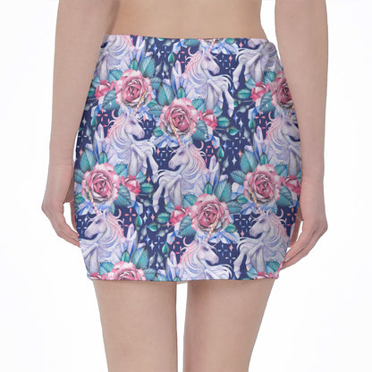 Blue Fairy Rose Unicorn Pattern Print Pencil Mini Skirt