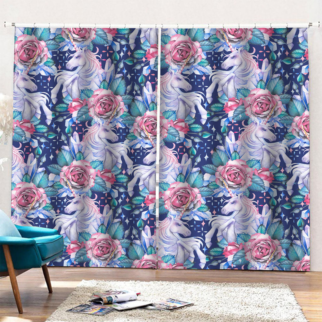 Blue Fairy Rose Unicorn Pattern Print Pencil Pleat Curtains