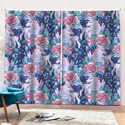 Blue Fairy Rose Unicorn Pattern Print Pencil Pleat Curtains
