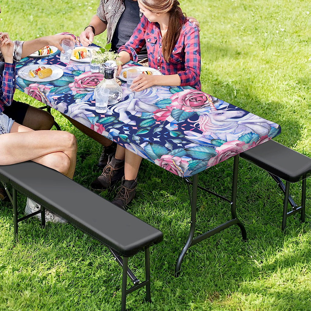 Blue Fairy Rose Unicorn Pattern Print Picnic Table Cover