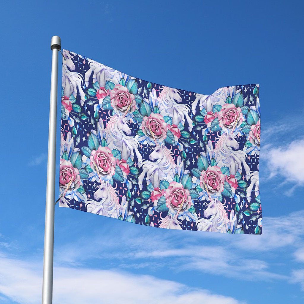 Blue Fairy Rose Unicorn Pattern Print Polyester Flag