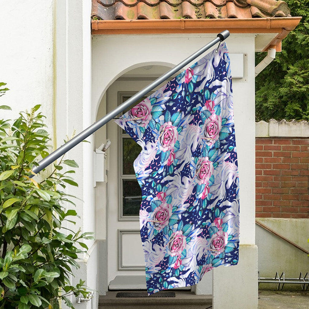 Blue Fairy Rose Unicorn Pattern Print Polyester Flag