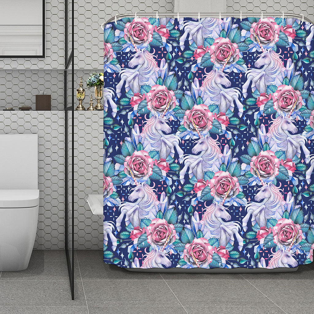 Blue Fairy Rose Unicorn Pattern Print Polyester Shower Curtain