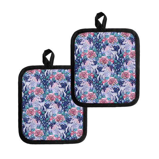 Blue Fairy Rose Unicorn Pattern Print Pot Holders