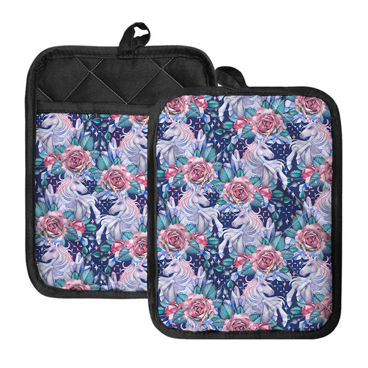 Blue Fairy Rose Unicorn Pattern Print Pot Holders With Pocket