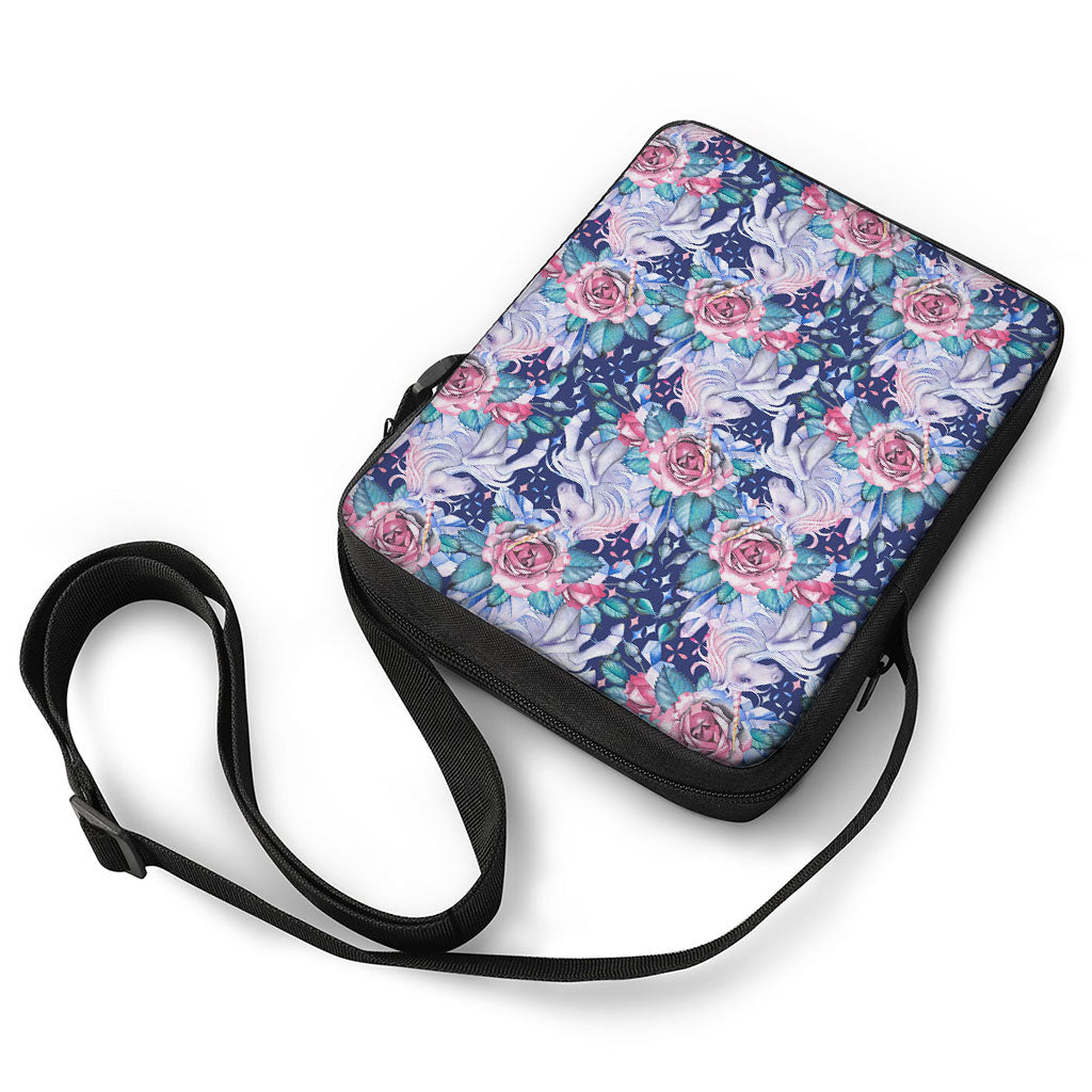 Blue Fairy Rose Unicorn Pattern Print Rectangular Crossbody Bag