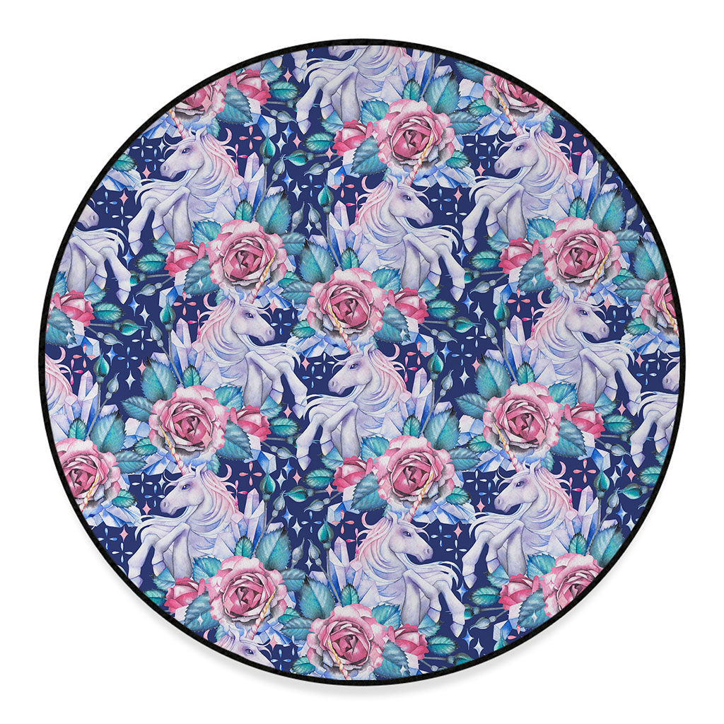 Blue Fairy Rose Unicorn Pattern Print Round Floor Mat
