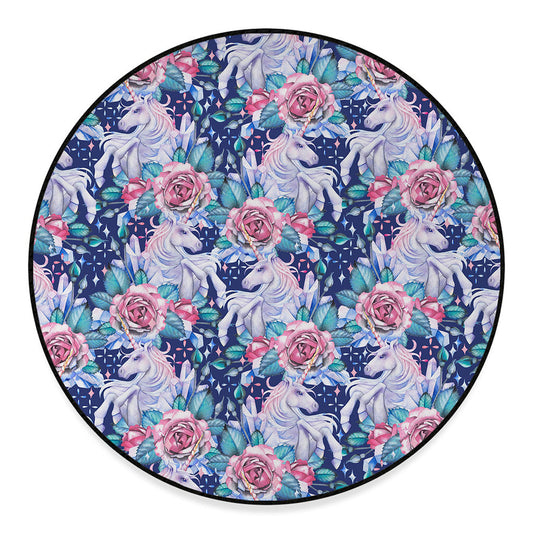 Blue Fairy Rose Unicorn Pattern Print Round Floor Mat