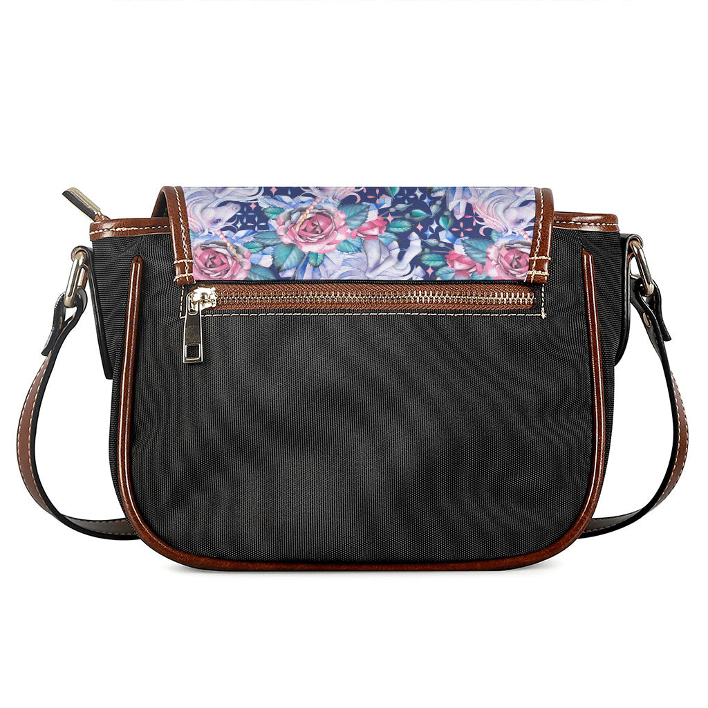 Blue Fairy Rose Unicorn Pattern Print Saddle Bag
