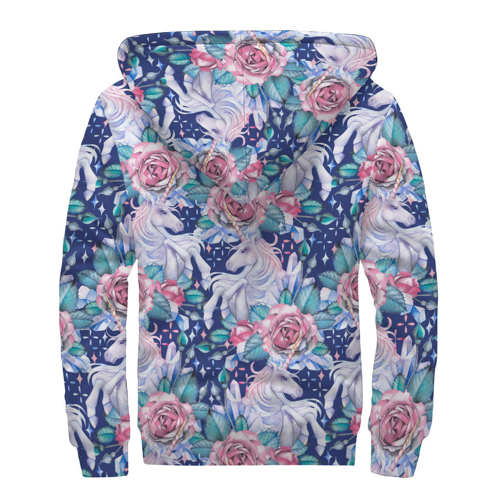 Blue Fairy Rose Unicorn Pattern Print Sherpa Lined Zip Up Hoodie