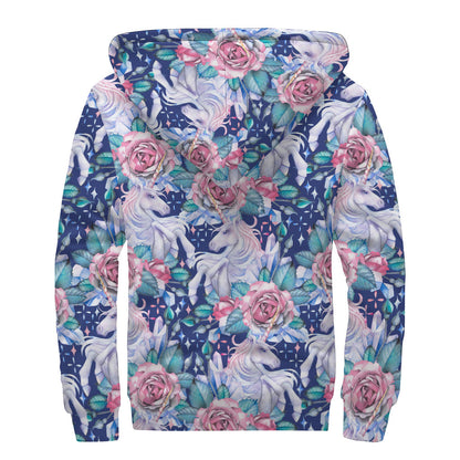 Blue Fairy Rose Unicorn Pattern Print Sherpa Lined Zip Up Hoodie