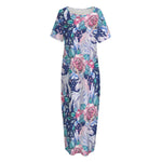 Blue Fairy Rose Unicorn Pattern Print Short Sleeve Long Nightdress