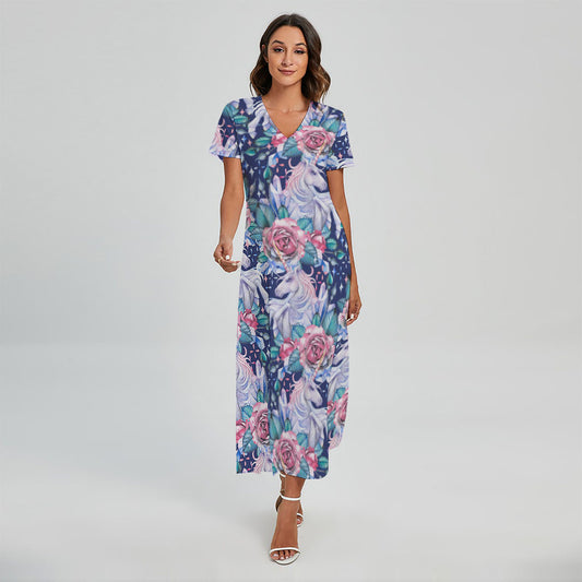Blue Fairy Rose Unicorn Pattern Print Short Sleeve Maxi Dress