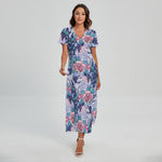 Blue Fairy Rose Unicorn Pattern Print Short Sleeve Maxi Dress