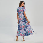 Blue Fairy Rose Unicorn Pattern Print Short Sleeve Maxi Dress
