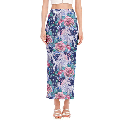 Blue Fairy Rose Unicorn Pattern Print Side Slit Maxi Skirt