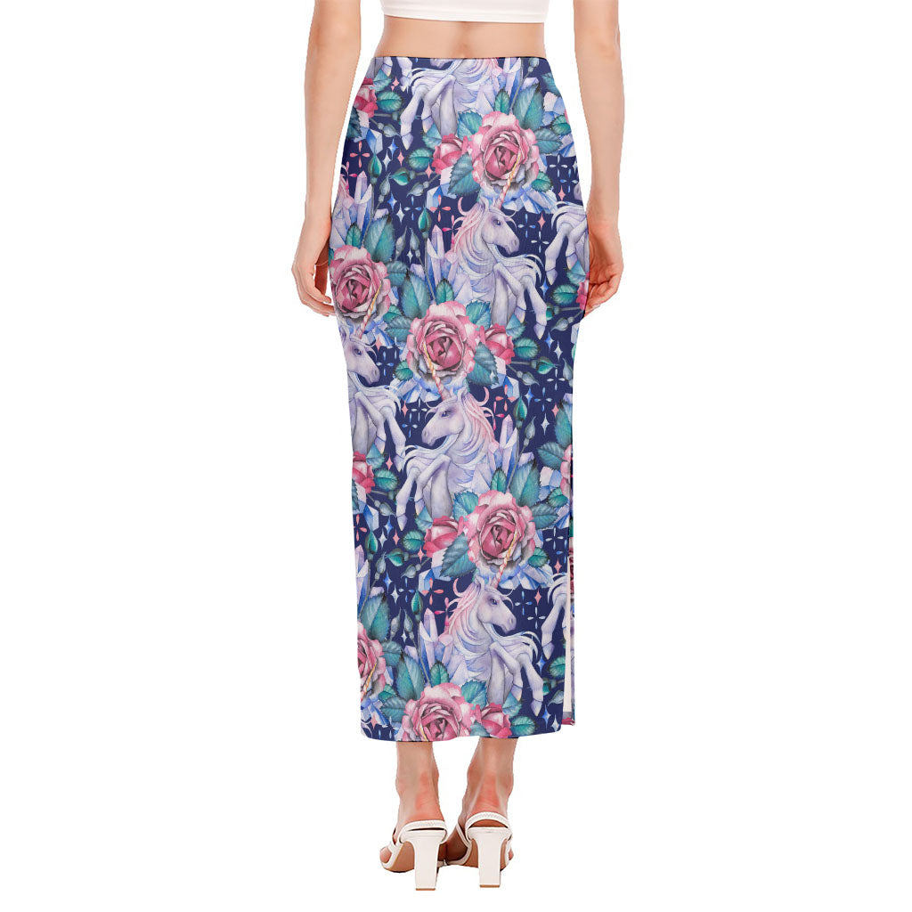 Blue Fairy Rose Unicorn Pattern Print Side Slit Maxi Skirt