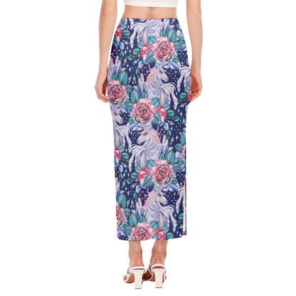 Blue Fairy Rose Unicorn Pattern Print Side Slit Maxi Skirt