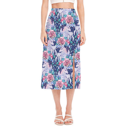 Blue Fairy Rose Unicorn Pattern Print Side Slit Midi Skirt