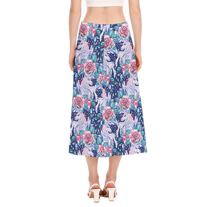 Blue Fairy Rose Unicorn Pattern Print Side Slit Midi Skirt