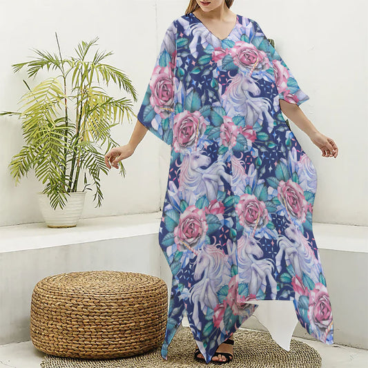 Blue Fairy Rose Unicorn Pattern Print Silk V-Neck Kaftan Dress