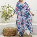Blue Fairy Rose Unicorn Pattern Print Silk V-Neck Kaftan Dress